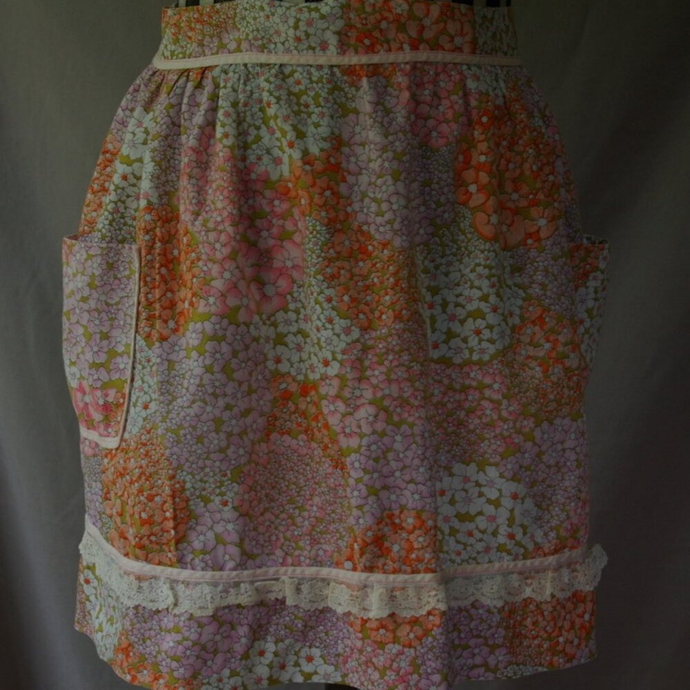 Half Apron Vintage Small Orange Pink Purple White Flowers Handmade Lace